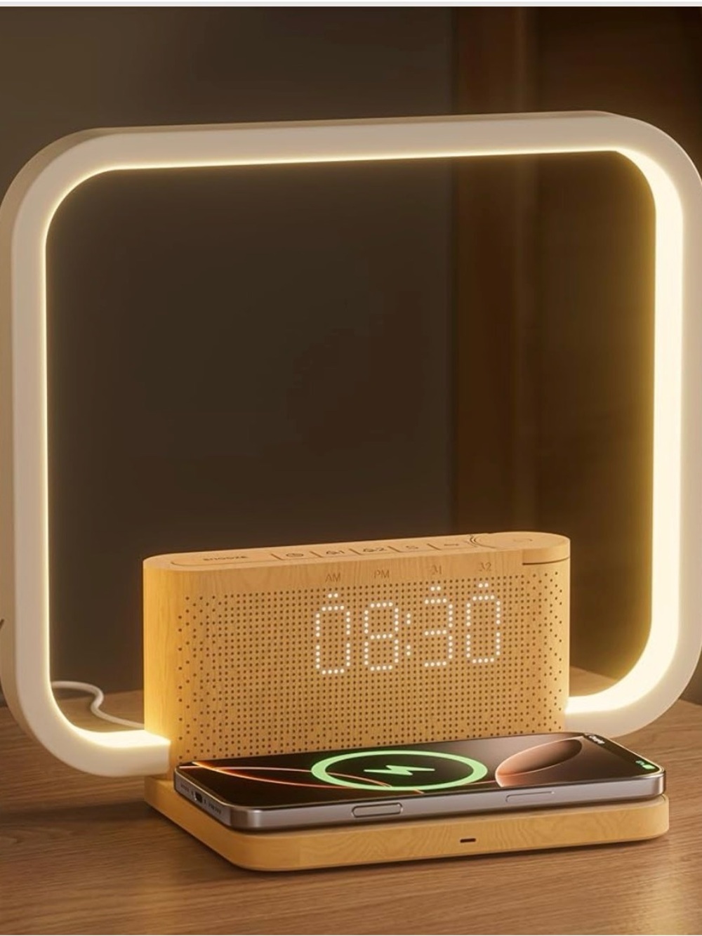 Wood Grain Wireless Charging Alarm Clock with LED Display - Beige